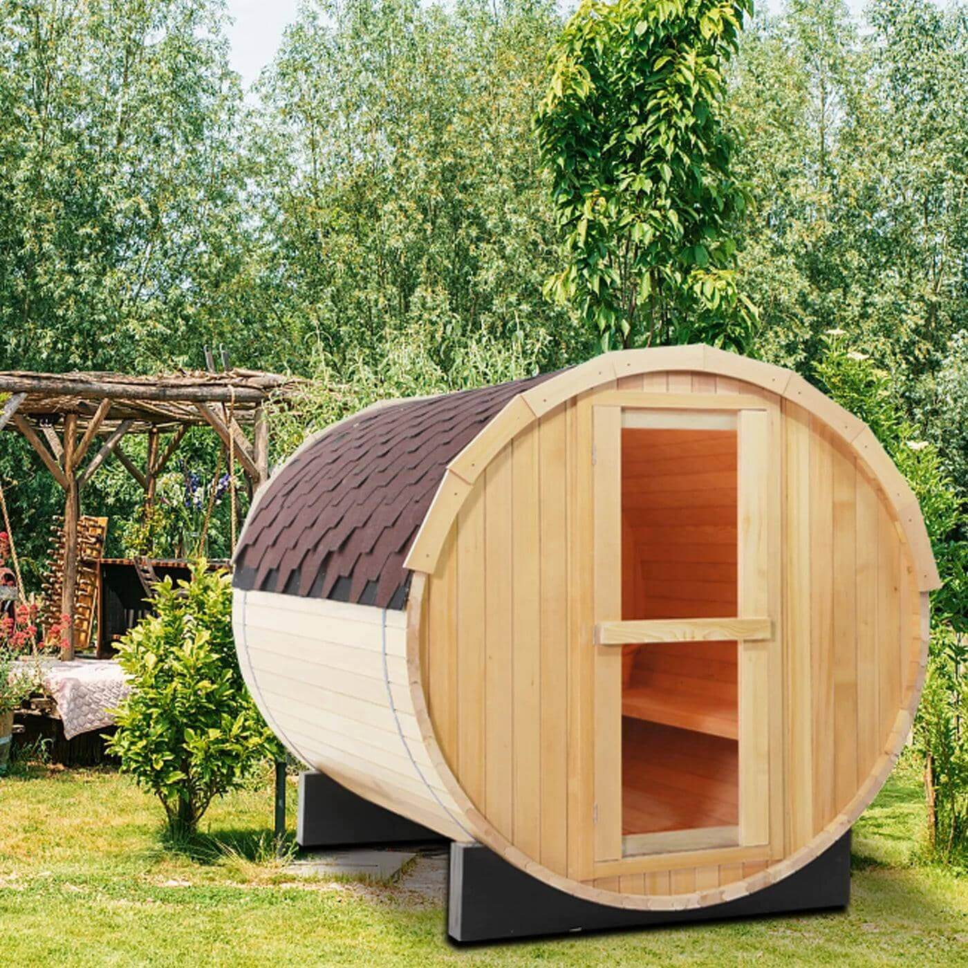 4 Person Outdoor Barrel Sauna, Canadian Hemlock Barrel Sauna Kit with Outdoor Waterproof Tile and Harvia Internally Controlled Sauna Stove and Lava Rocks - EverVibe Life
