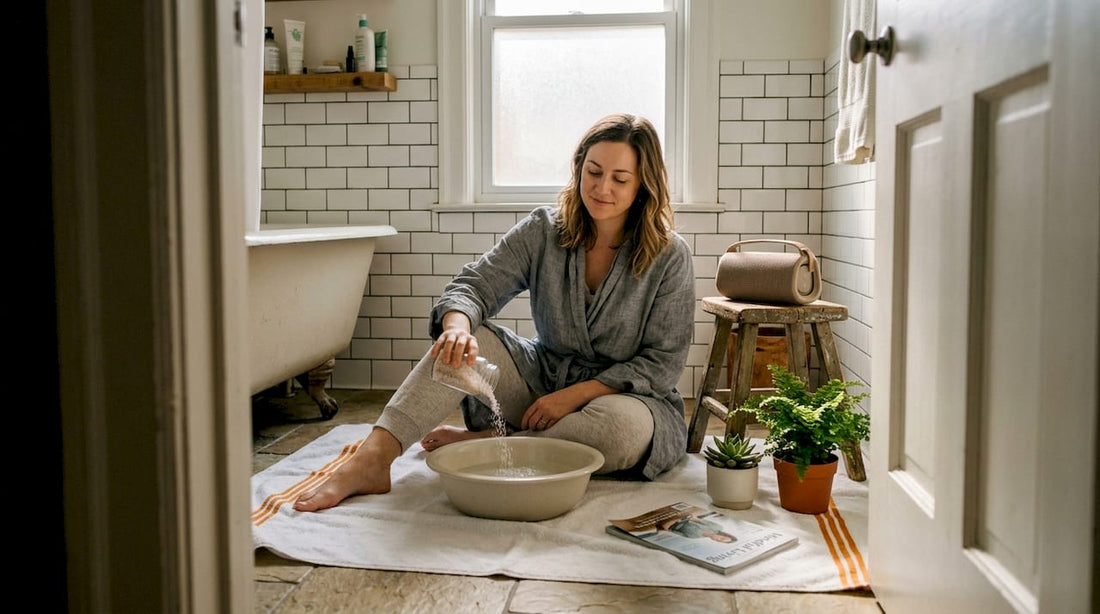 Woman starting home spa in sunny bathroom