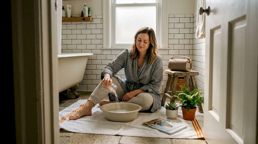 Woman starting home spa in sunny bathroom