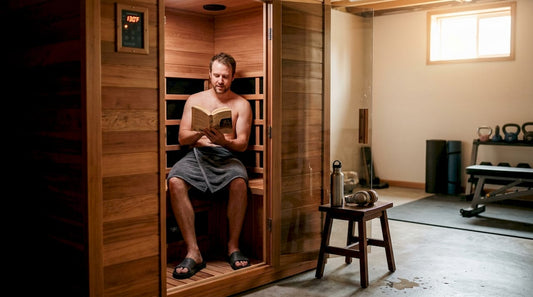 Man relaxing in home infrared sauna