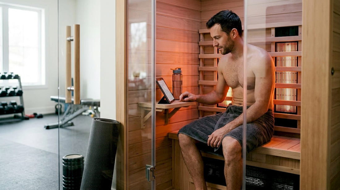 Man relaxing in home infrared sauna room