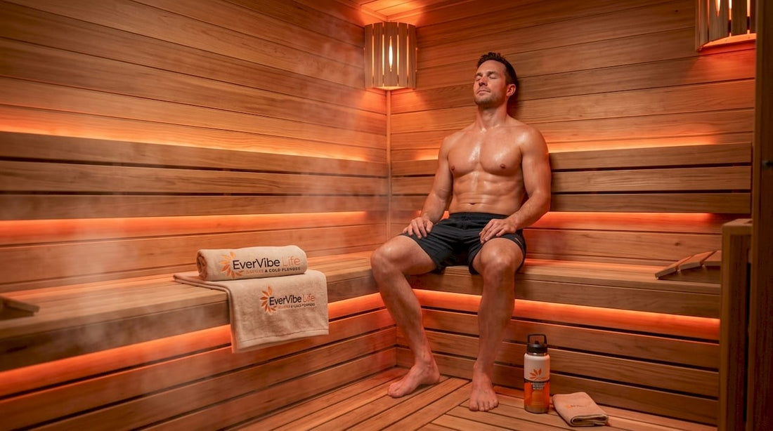 Athlete relaxing in wooden sauna after training