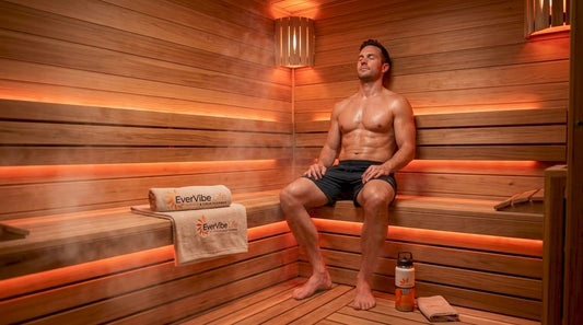 Athlete relaxing in wooden sauna after training