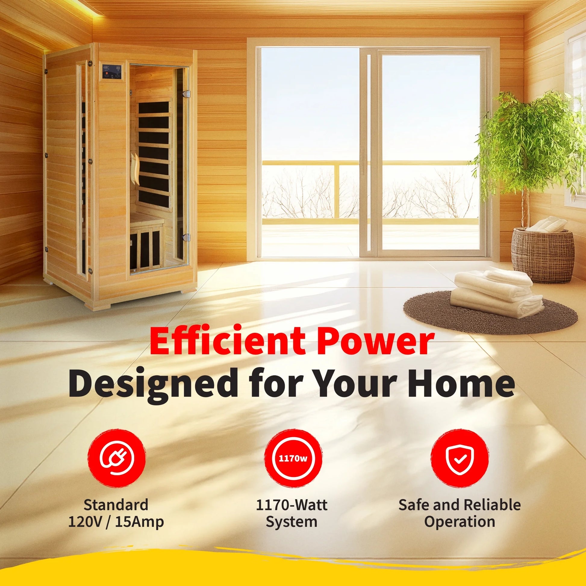 1-2-Person Infrared Sauna Room with 4 Low-Emf Carbon Heaters, Audio System, Canadian Hemlock