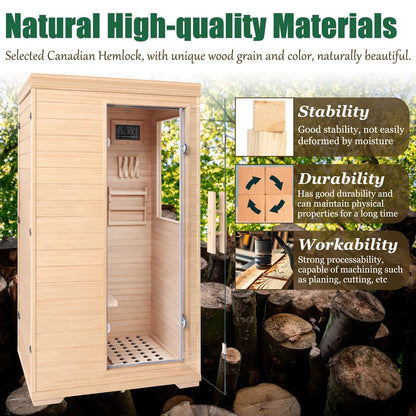 1 Person Mini Far Infrared Sauna Room, Wood Side-Opening Indoor Sauna Low EMF 5 Heating Panels 1050W Infrared Therapy for Personal Wooden Dry Sauna Home Spa Room Valentine'S Day
