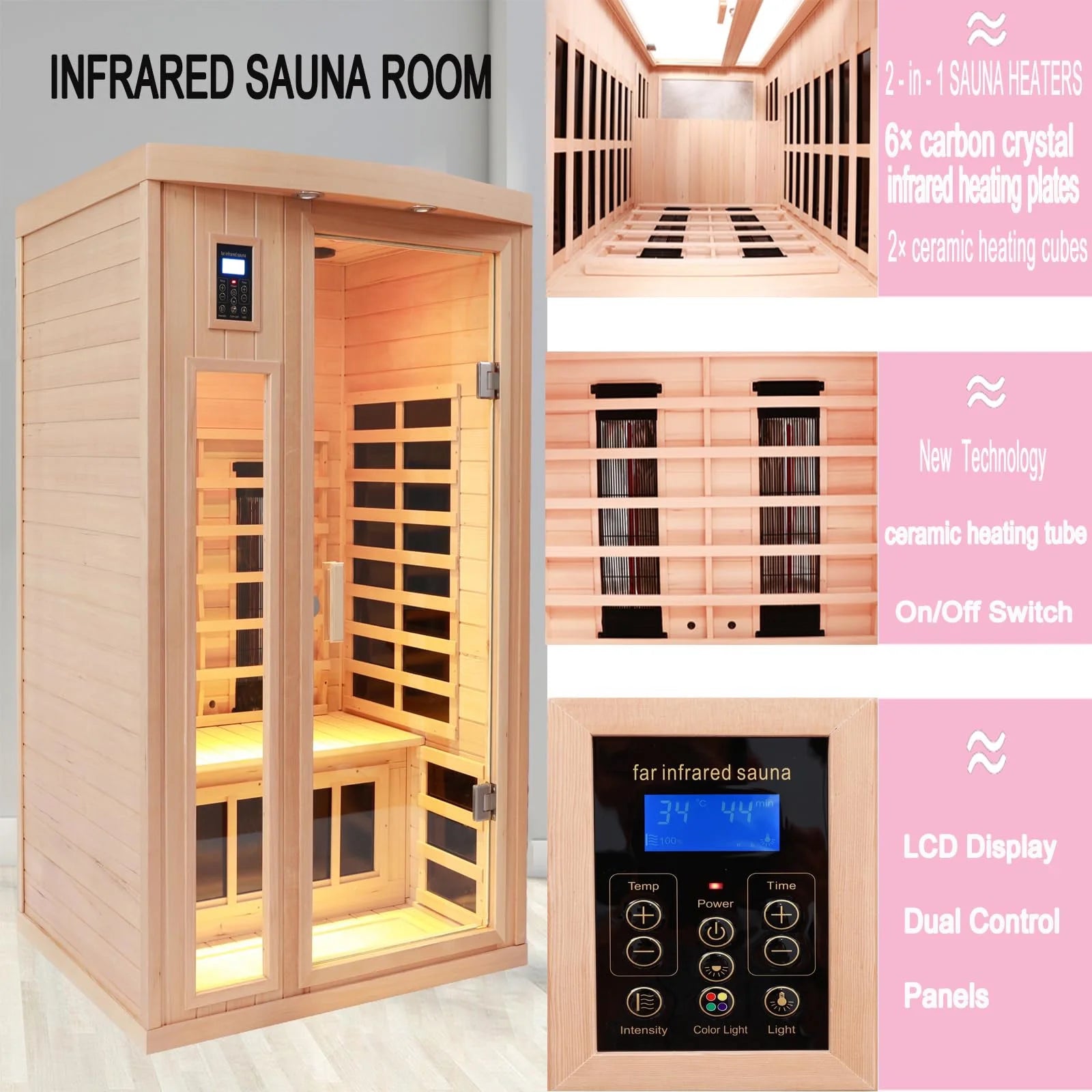 2 Person Far Infrared Hemlock Saunas Room 2 in 1 Indoor Ceramic Infrared Sauna with Low EMF Heaters Ceramic Heating Cubes for Home