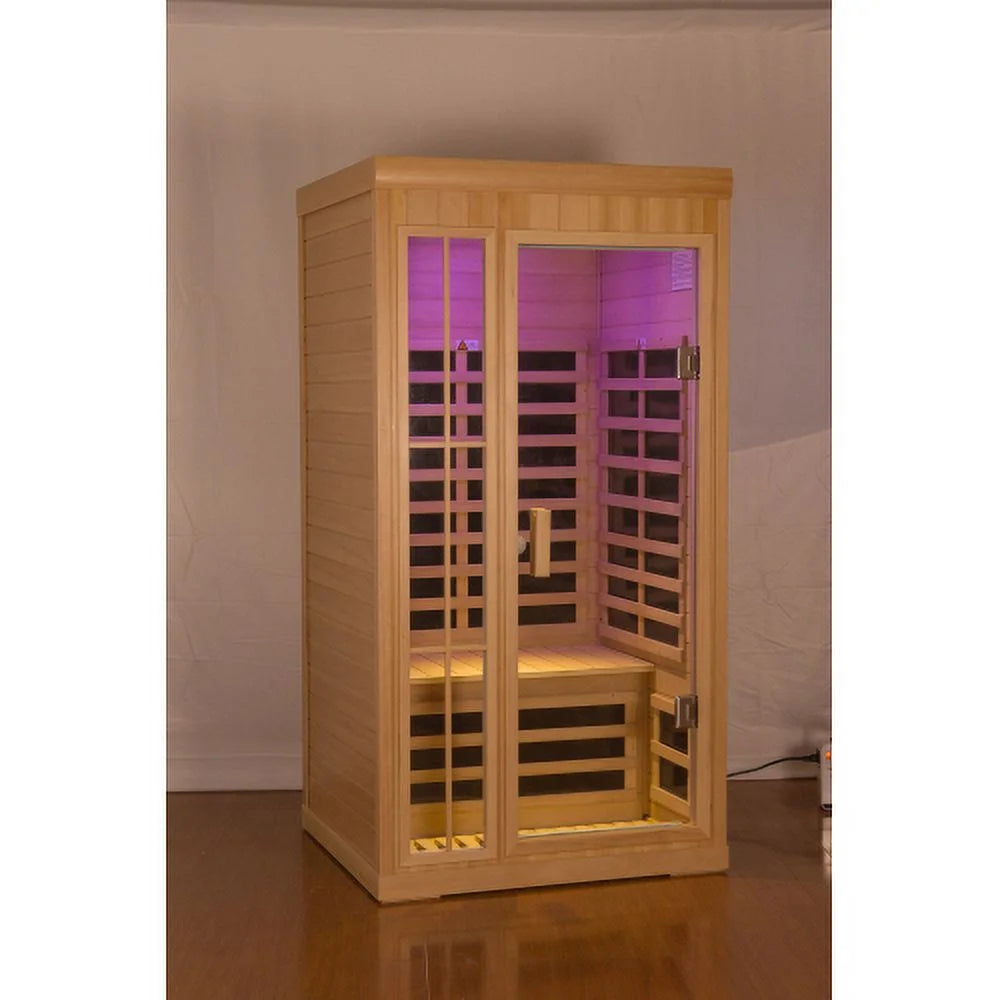 Far Infrared Saunas for Home 1 Person Hemlock Home Sauna Spa with LED Reading Light 1350W EMF Dry Sauna Room for Outdoor Indoor