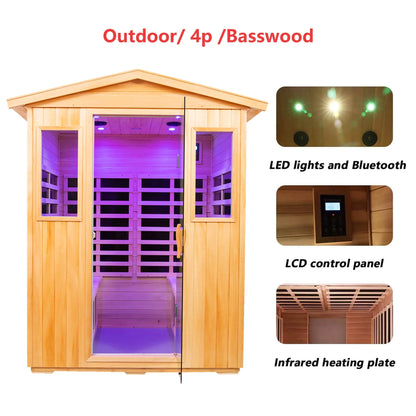 Far Infrared Saunas Outdoor 4-Person Size in Basswood 2050W, 10 Minutes Pre-Warm Up
