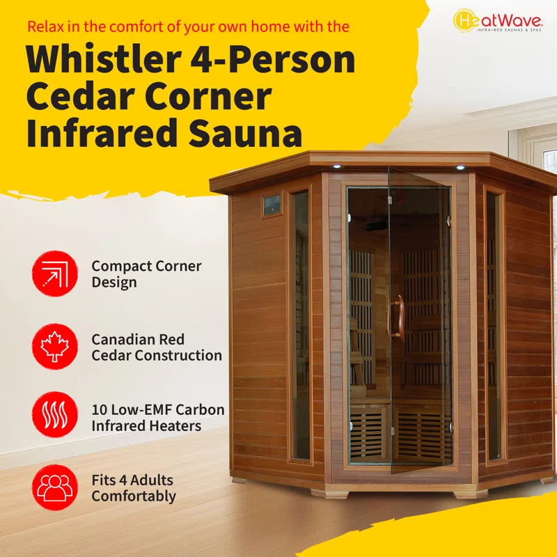 4-Person Cedar Corner Infrared Sauna with 10 Carbon Heaters