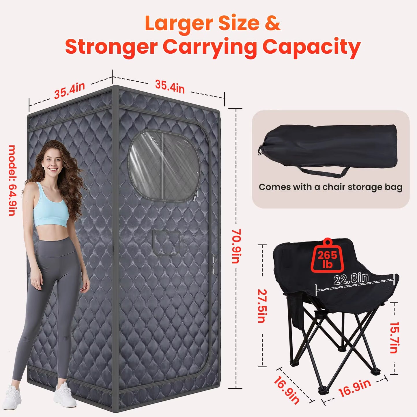 Upgraded Personal Sauna Box with Folding Chair - 1300W 3L Steamer, Extra Large Size for Full Body Detox