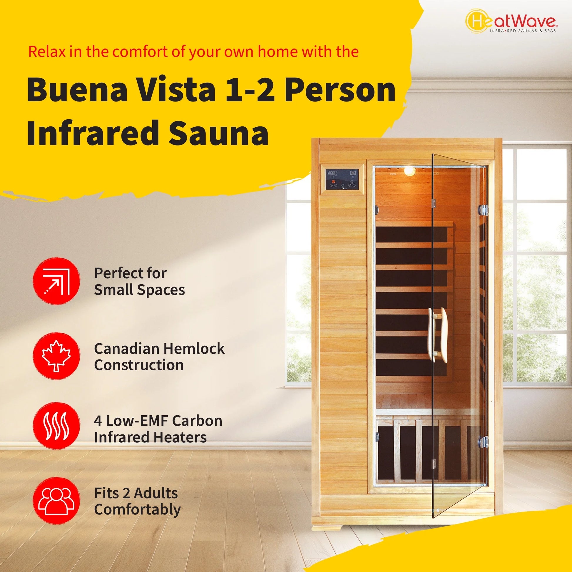 1-2-Person Infrared Sauna Room with 4 Low-Emf Carbon Heaters, Audio System, Canadian Hemlock