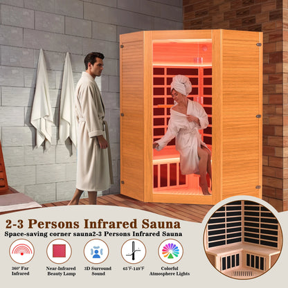 Multifunctional Sauna for 2-3 Persons, 2180W Far Infrared Sauna for Home Use with 7-Color LED Light & Beauty Lamp, Oxygen Bar, Dual Speakers, 360°Heating Technology