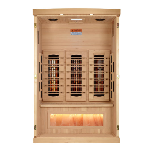 Golden Designs 2-Person Full Spectrum Near Zero EMF Sauna with Himalayan Salt Bar.