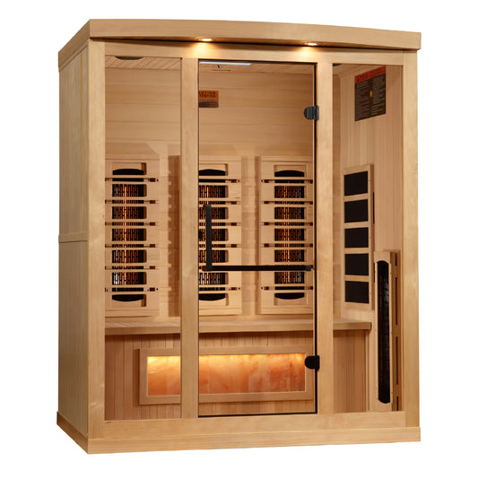 Golden Designs 3-Person Full Spectrum Near Zero EMF Sauna with Himalayan Salt Bar.