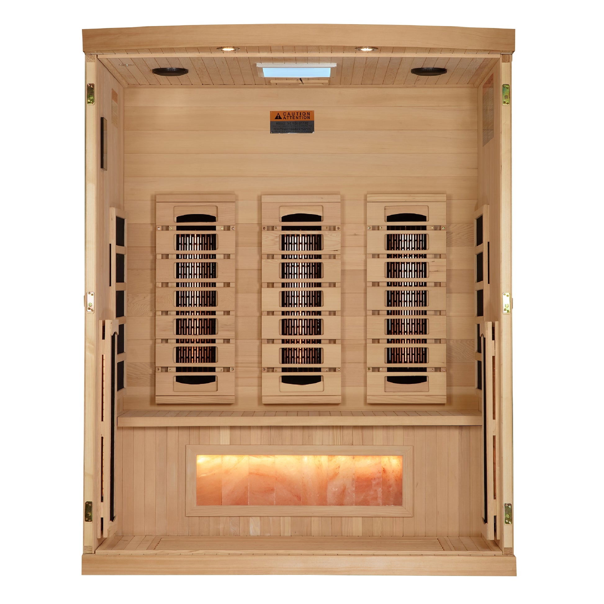 Golden Designs 3-Person Full Spectrum Near Zero EMF Sauna with Himalayan Salt Bar.