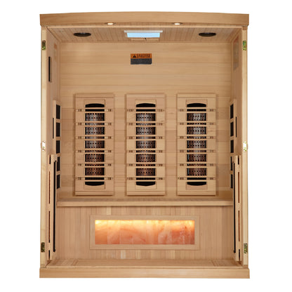 Golden Designs 3-Person Full Spectrum Near Zero EMF Sauna with Himalayan Salt Bar.