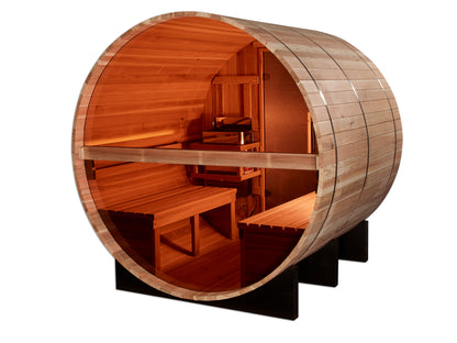 Golden Designs Zurich 4 Person Barrel with Bronze Privacy View – Traditional Sauna – Pacific Cedar