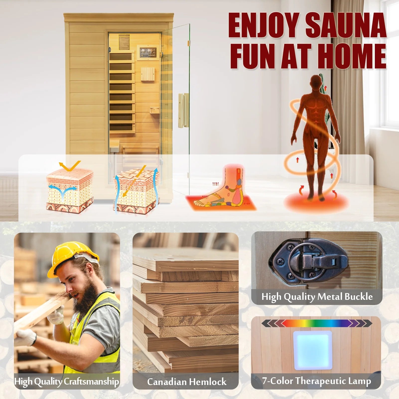 1 Person Mini Far Infrared Sauna Room, Wood Side-Opening Indoor Sauna Low EMF 5 Heating Panels 1050W Infrared Therapy for Personal Wooden Dry Sauna Home Spa Room Valentine'S Day