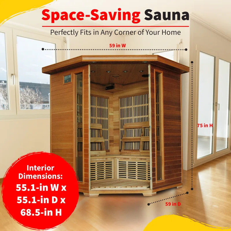 4-Person Cedar Corner Infrared Sauna with 10 Carbon Heaters