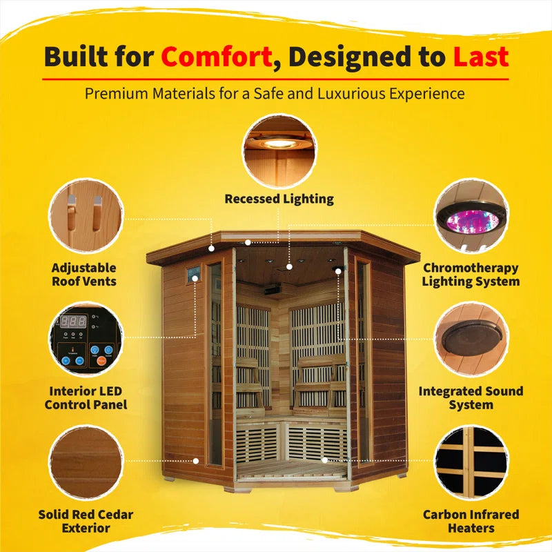 4-Person Cedar Corner Infrared Sauna with 10 Carbon Heaters