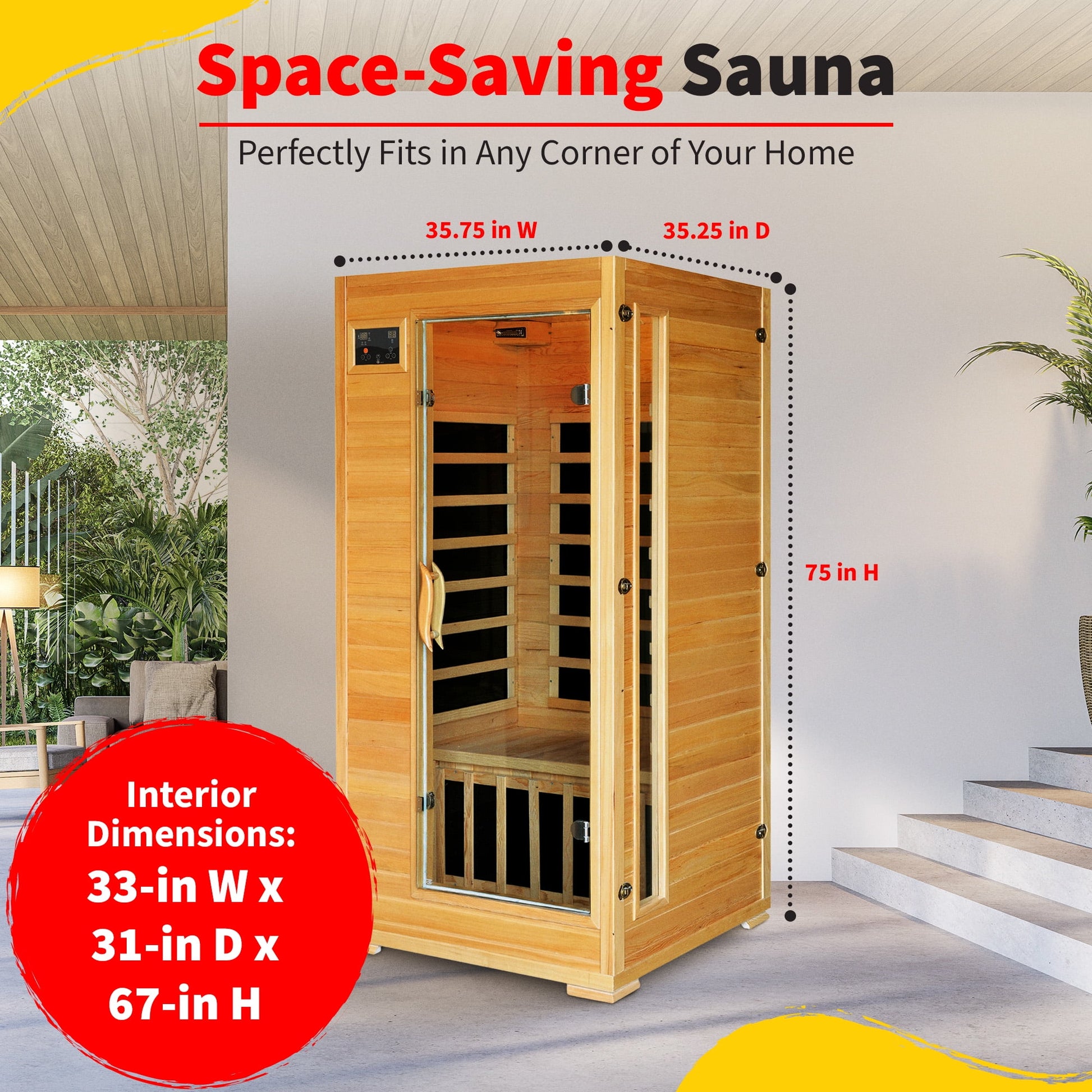 1-2-Person Infrared Sauna Room with 4 Low-Emf Carbon Heaters, Audio System, Canadian Hemlock