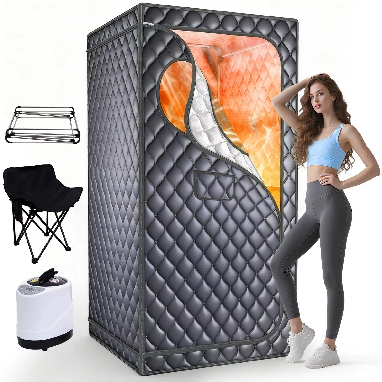 Upgraded Personal Sauna Box with Folding Chair - 1300W 3L Steamer, Extra Large Size for Full Body Detox