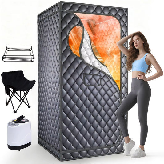 Upgraded Personal Sauna Box with Folding Chair - 1300W 3L Steamer, Extra Large Size for Full Body Detox