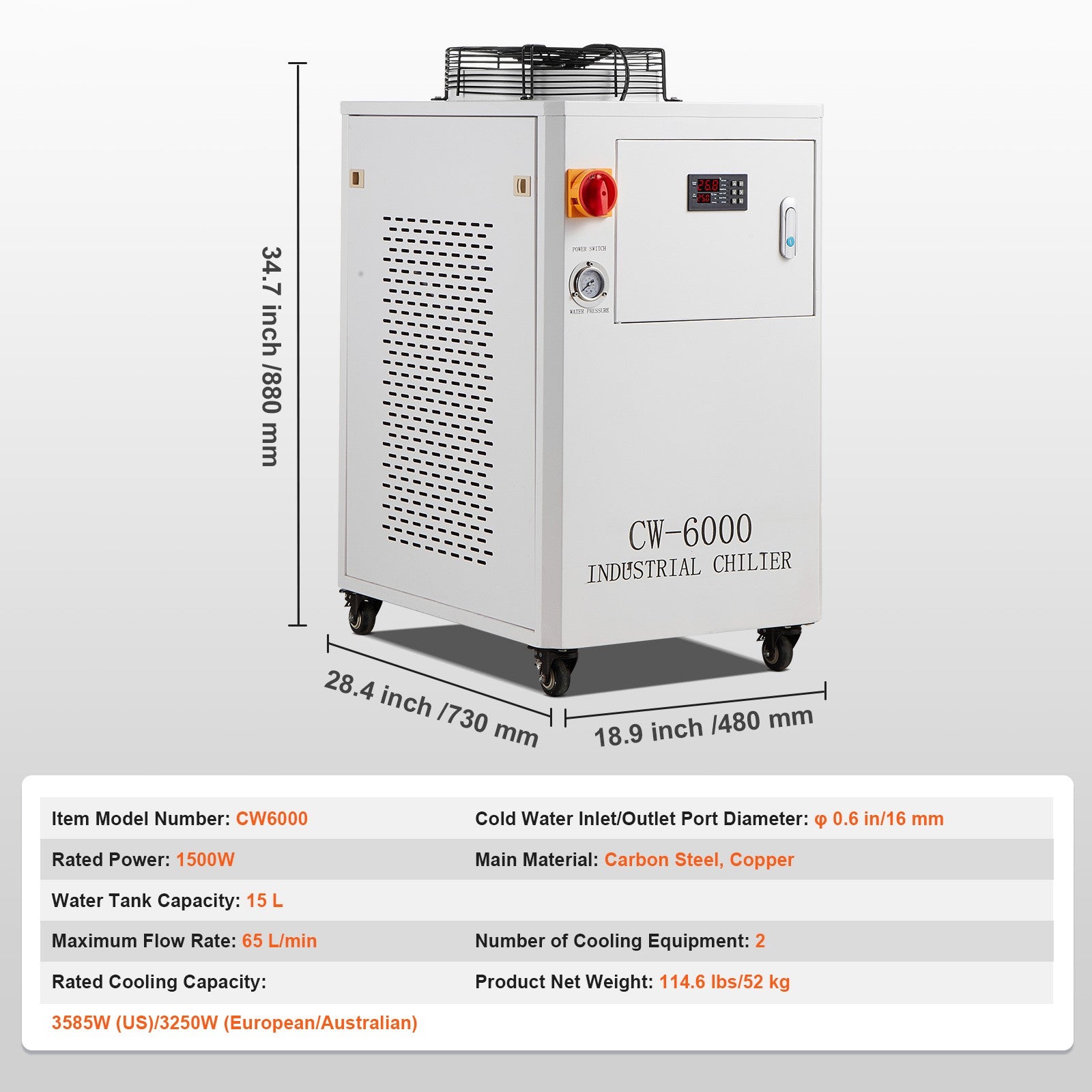 Industrial Water Chiller CW-6000 15L 65L/Min Laser Chiller with Compressor