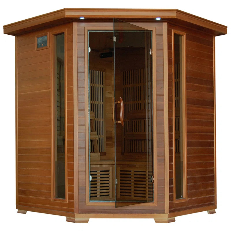 4-Person Cedar Corner Infrared Sauna with 10 Carbon Heaters