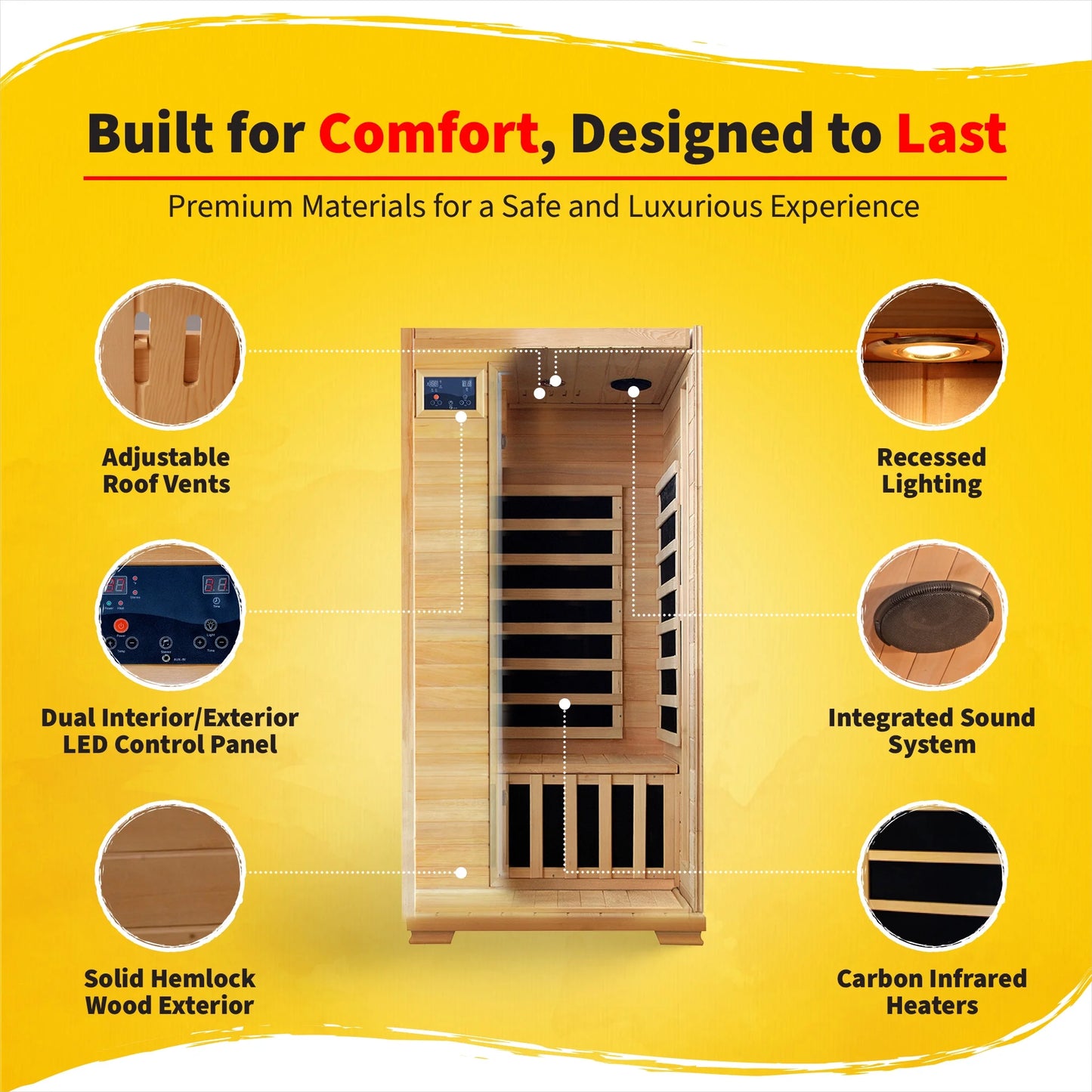 1-2-Person Infrared Sauna Room with 4 Low-Emf Carbon Heaters, Audio System, Canadian Hemlock